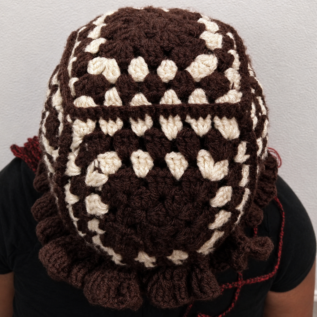 Close view of handmade Jamaican brown and cream granny-square crochet hat with chocolate-brown ruffle brim