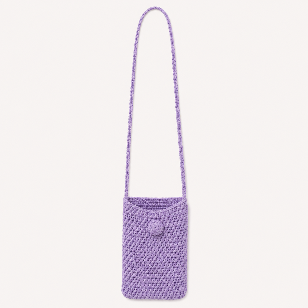 Full view of handmade Jamaican lavender crochet shoulder phone pouch with complete strap visible