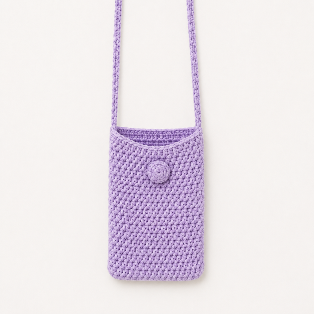 Handmade Jamaican lavender crochet shoulder phone pouch shown with a phone for scale