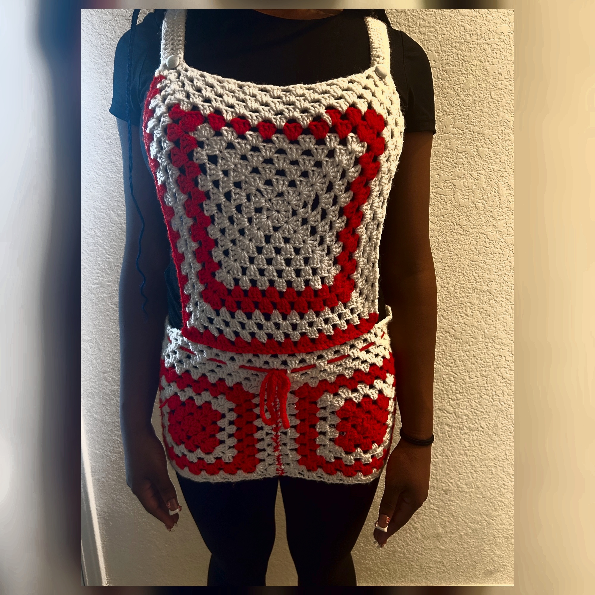 Handmade Jamaican red and cream granny-square crochet skirt romper front view with drawstring waist