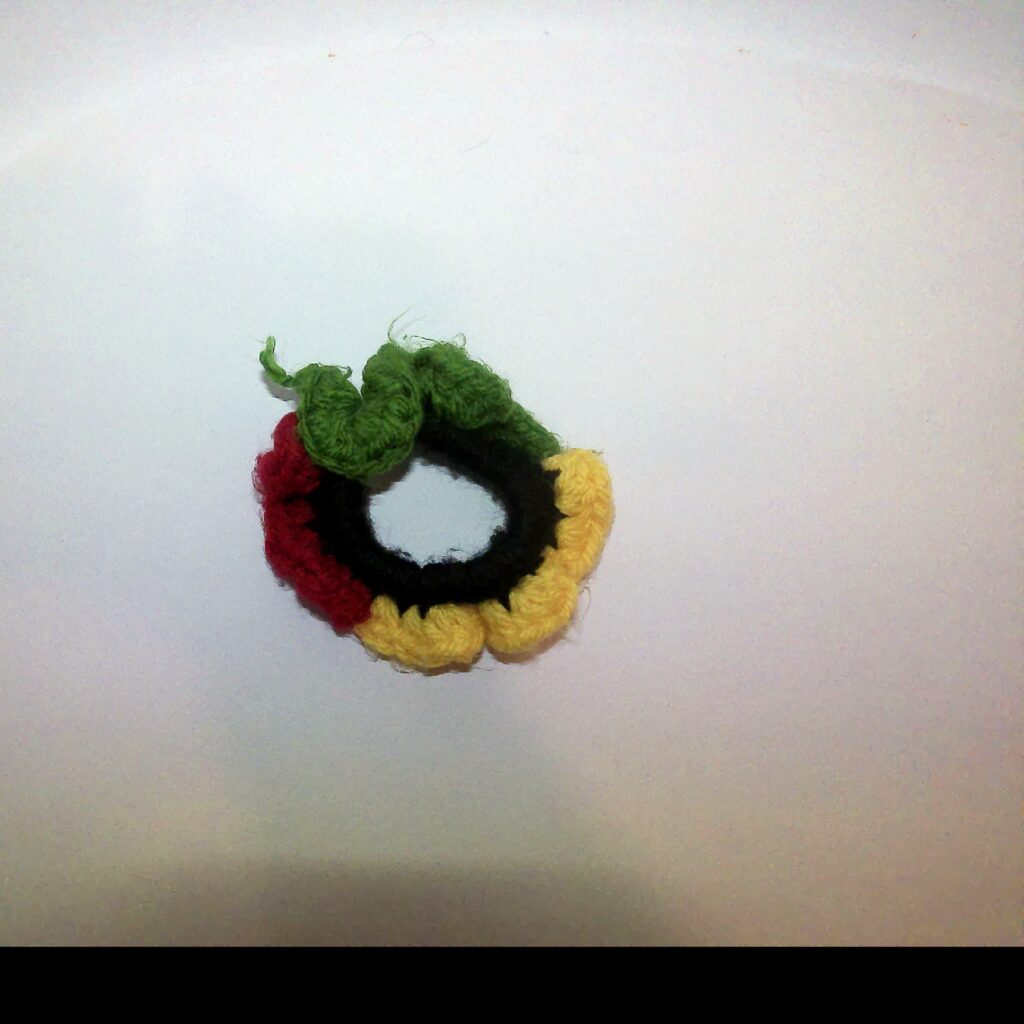 Handmade Jamaican red, gold, green and black colorblock crochet scrunchie