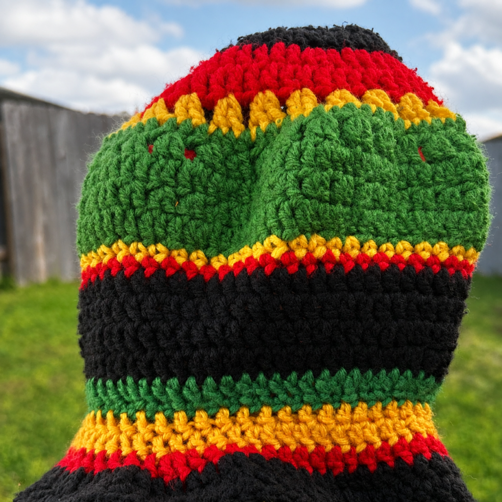 Handmade Jamaican red gold green and black crochet bucket hat with textured colorwork and sculpted brim