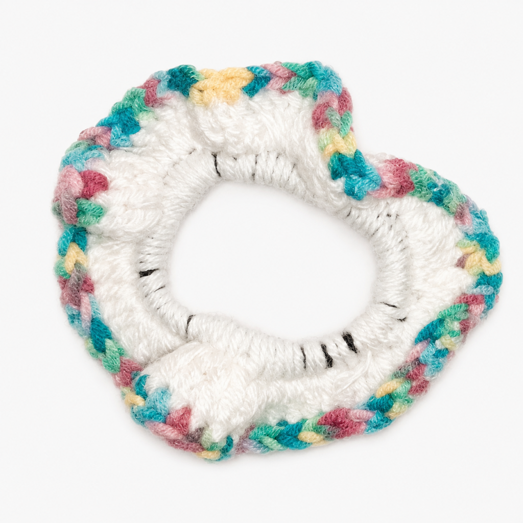 Handmade Jamaican white crochet scrunchie with pastel multicolor trim on a clean white background