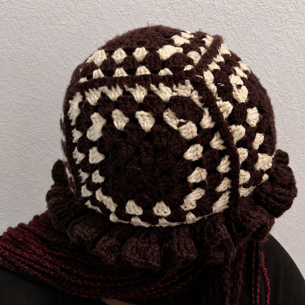 Side view of a handmade brown and cream Jamaican crochet ruffle-brim hat showing detailed finishing