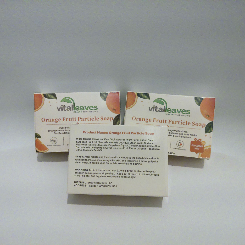 hree individually packaged VitalLeaves Citrus Glow Orange Fruit Particle Soap bars arranged together for the 3-pack