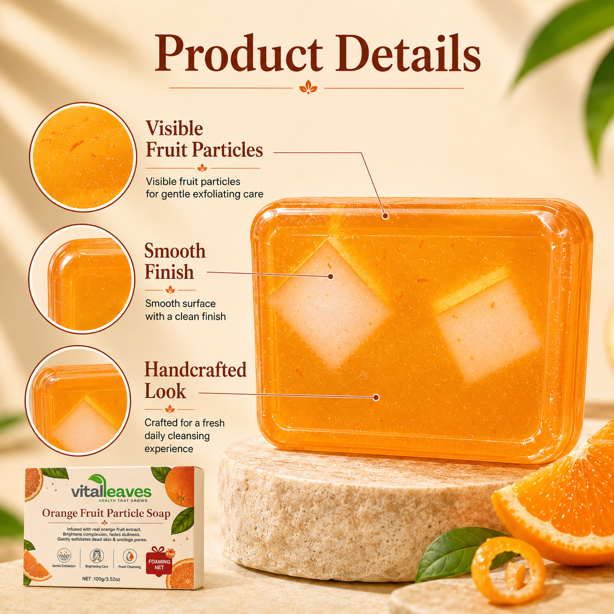 Natural ingredients featured in VitalLeaves Citrus Glow™ including orange fruit extract, shea butter, aloe vera, coconut oil, olive oil, glycerin, and vitamin E.