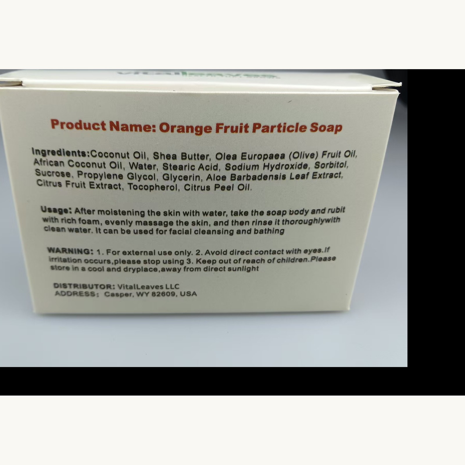 Back of current VitalLeaves Orange Fruit Particle Soap packaging showing ingredients, directions and warnings