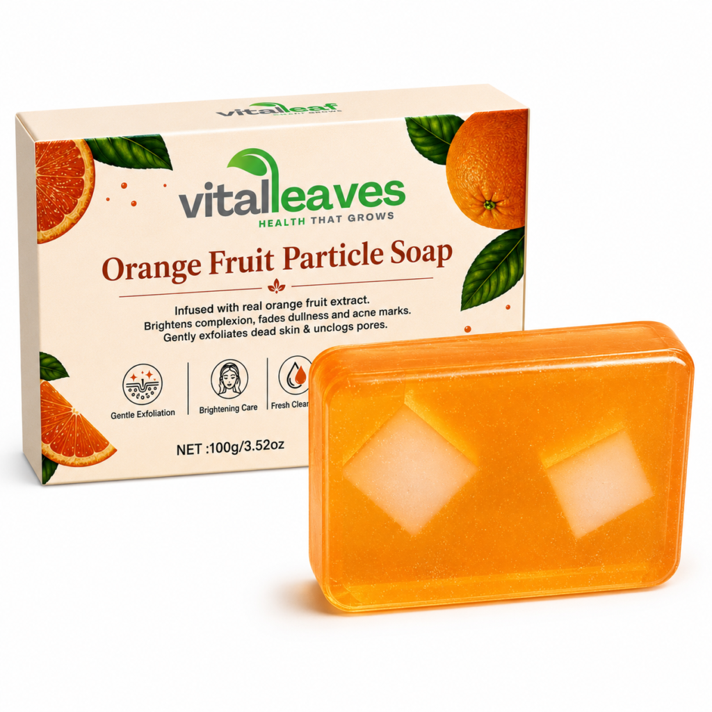 VitalLeaves Citrus Glow™ Orange Citrus Face & Body Cleansing Bar with orange fruit extract, shea butter, aloe vera, olive oil, coconut oil, vitamin E, and gentle fruit particles.