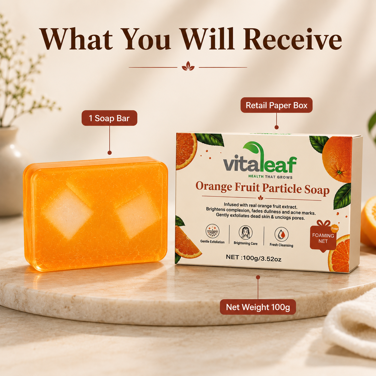 VitalLeaves Citrus Glow™ Orange Citrus Face & Body Cleansing Bar retail packaging highlighting botanical ingredients and refreshing citrus benefits.