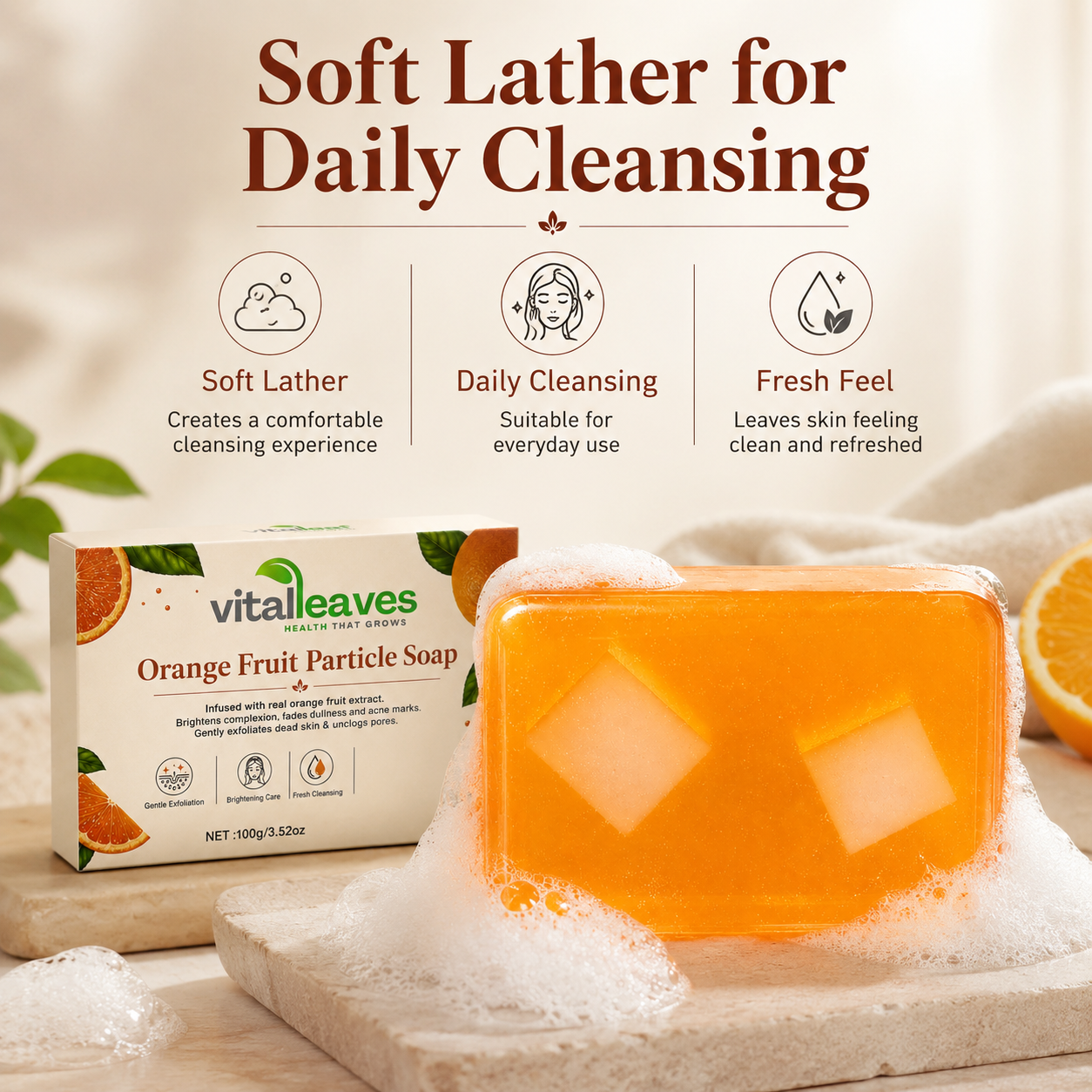 Rich creamy lather and gentle fruit particle exfoliation from VitalLeaves Citrus Glow™ cleansing bar.