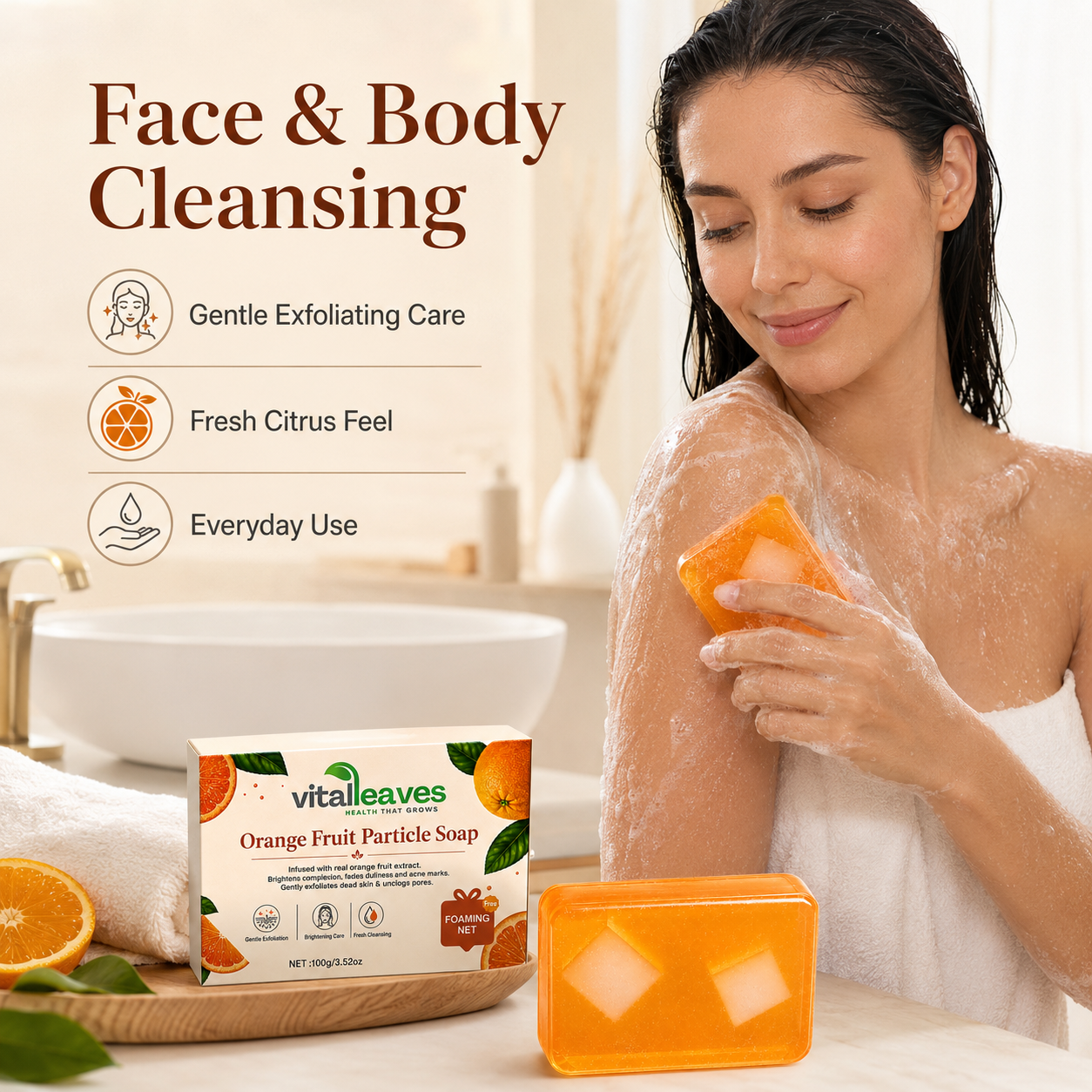 Person enjoying a refreshing skincare routine using VitalLeaves Citrus Glow™ orange citrus face and body cleansing bar.
